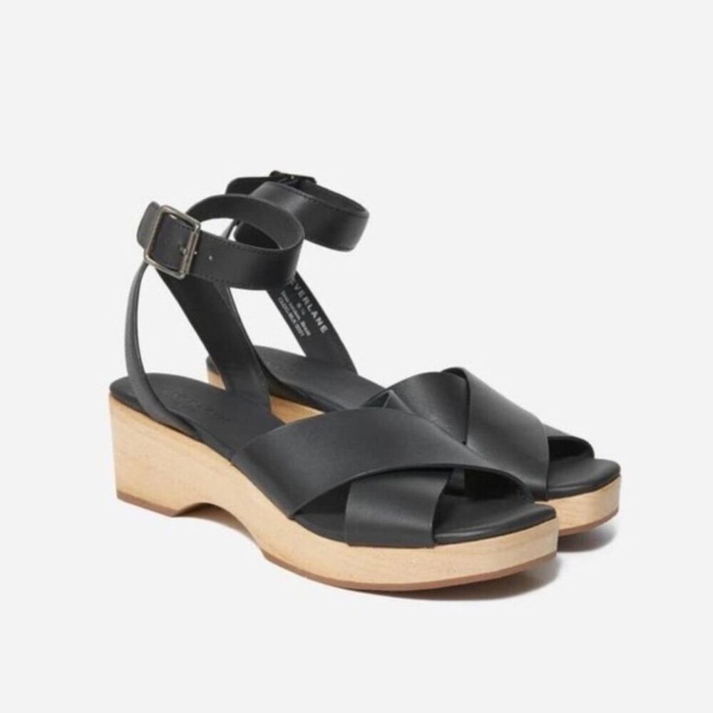 Everlane The Clog Sandal Black size 7.5 Leather Wood Minimalist Summer Heel EUC